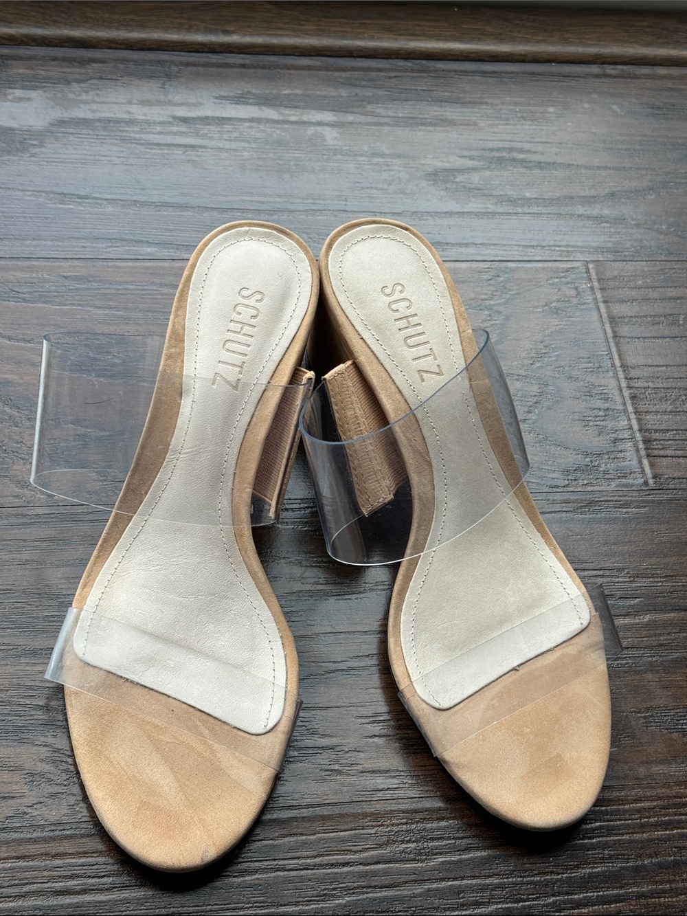 SCHUTZ Tan Suede Block Heel Sandals with Clear Straps